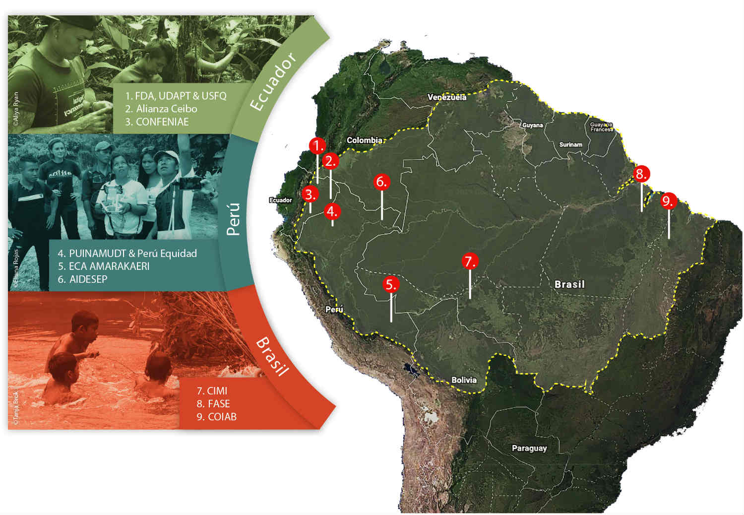 Map showing where we support indigenous communities in the fight to protect the Amazon.